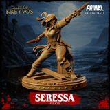 Seressa the pirate lunging forward, right arm thrusting a dagger overhead, left hand gripping a second blade, mouth open in a battle-cry, on a shattered timber deck base. Primal Collectibles.
