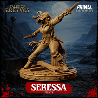 Seressa the pirate lunging forward, right arm thrusting a dagger overhead, left hand gripping a second blade, mouth open in a battle-cry, on a shattered timber deck base. Primal Collectibles.
