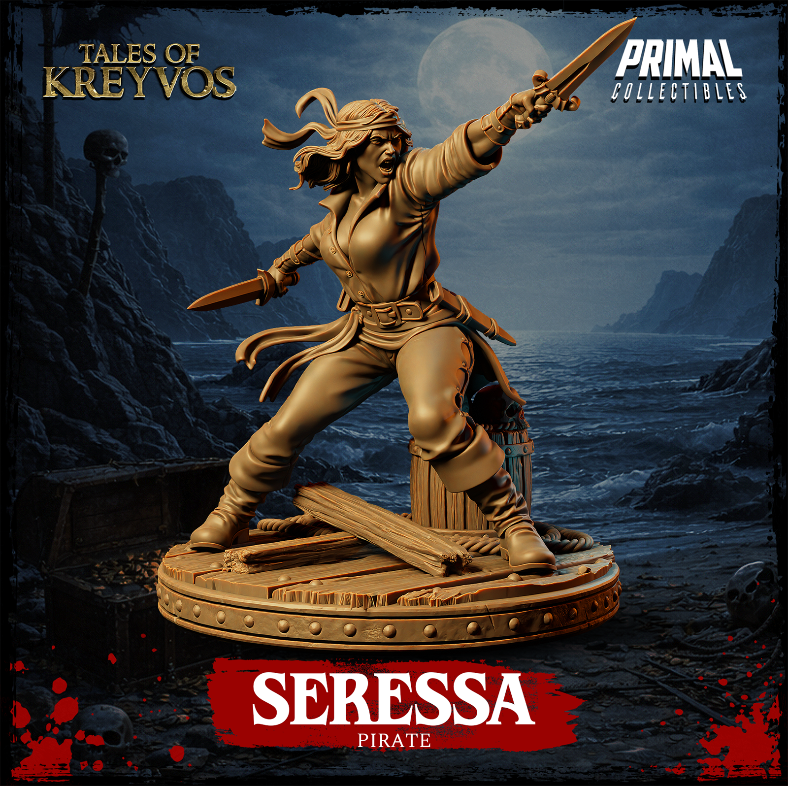 Seressa the pirate lunging forward, right arm thrusting a dagger overhead, left hand gripping a second blade, mouth open in a battle-cry, on a shattered timber deck base. Primal Collectibles.