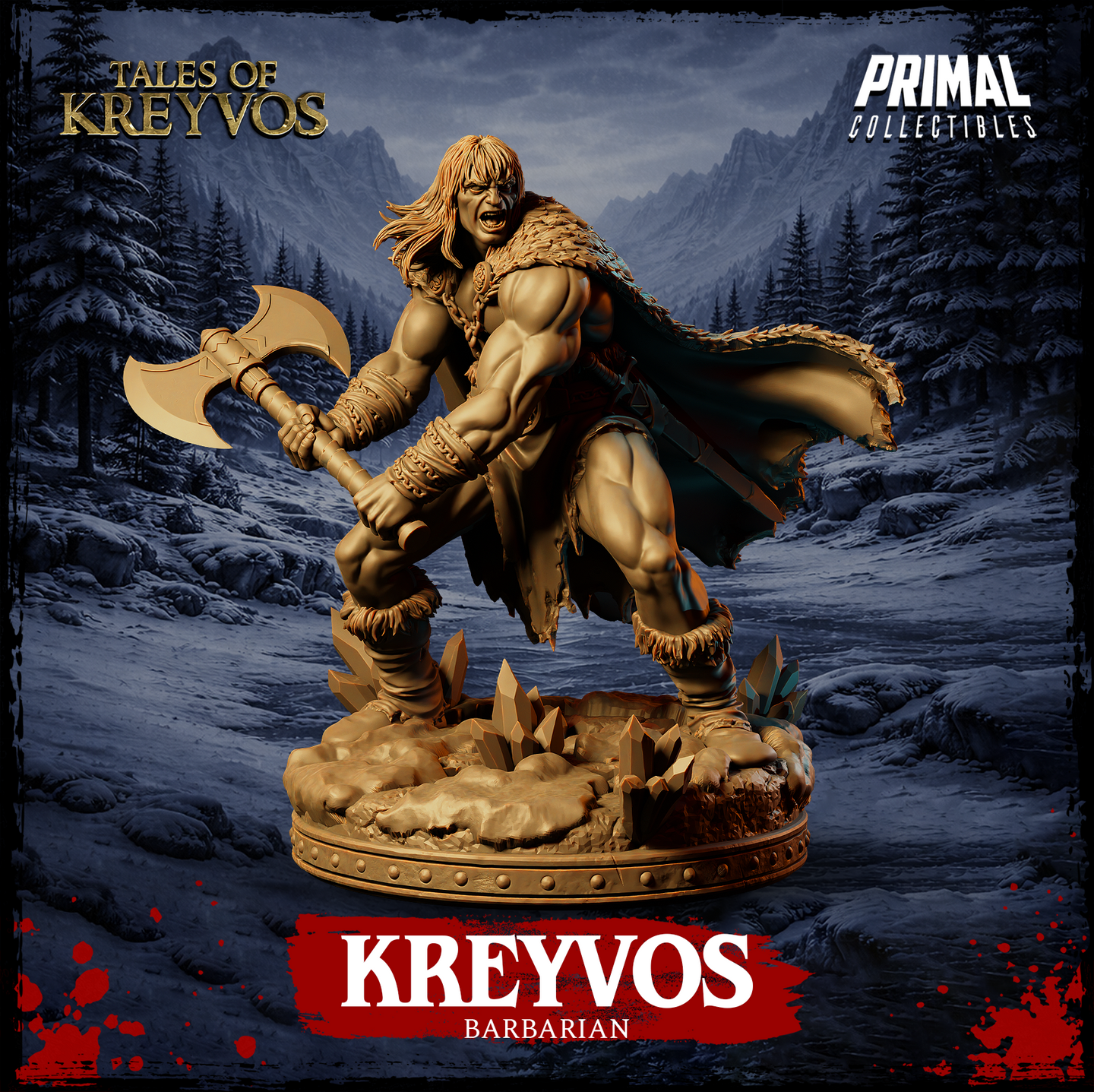 Front-facing digital render of Kreyvos the Northman barbarian miniature by Primal Collectibles — muscular male warrior in a lunging stance wielding a large double-headed axe, wearing a fur cape and leather wrappings, mouth open in a battle roar, on a rocky crystal-strewn tundra base