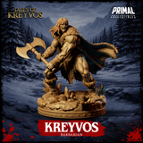 Front-facing digital render of Kreyvos the Northman barbarian miniature by Primal Collectibles — muscular male warrior in a lunging stance wielding a large double-headed axe, wearing a fur cape and leather wrappings, mouth open in a battle roar, on a rocky crystal-strewn tundra base