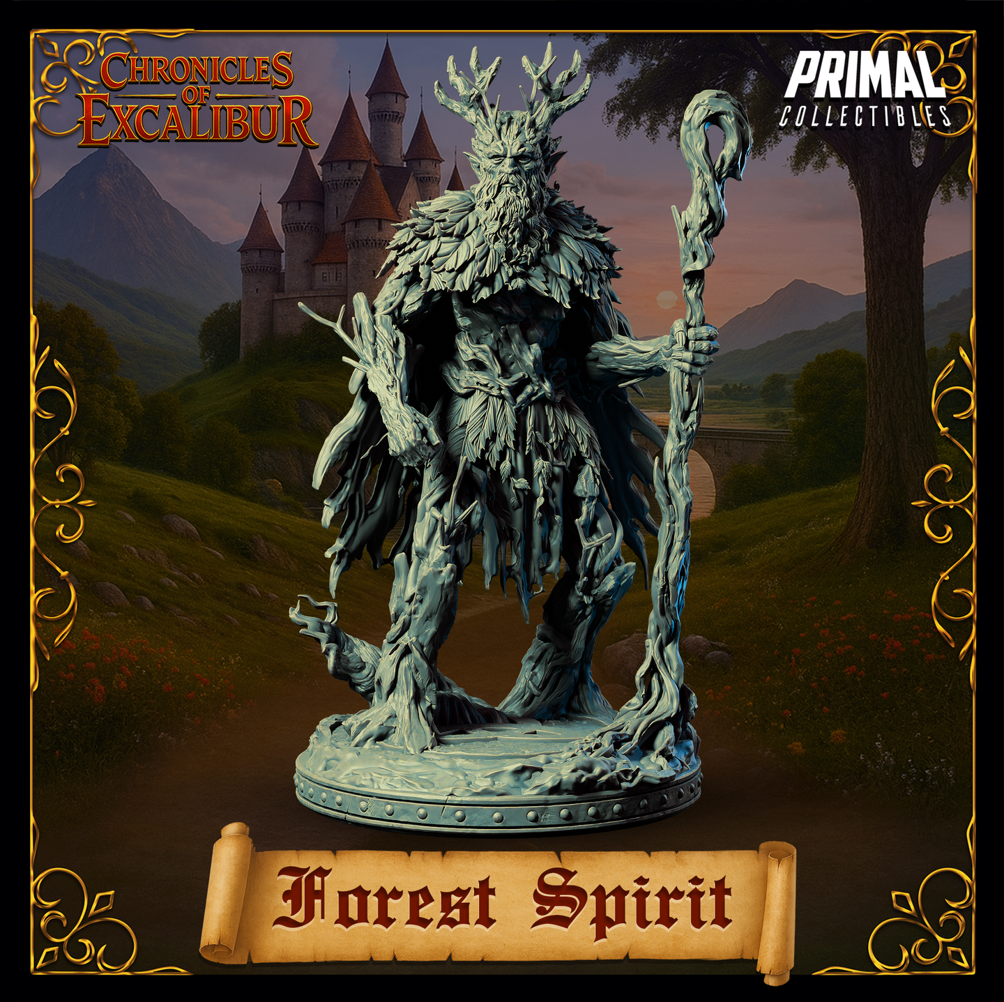 Digital render of the Forest Spirit miniature from the Chronicles of Excalibur range by Primal Collectibles — front-facing pose, unpainted grey resin appearance, showing a tall humanoid figure composed of bark, layered leaves and twisted branches, holding a gnarled wooden staff in the right hand, with antler-like branch crown, a bearded ancient face, and roots trailing from the legs onto a detailed scenic base