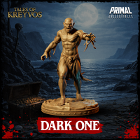 Snarling gaunt demon with outstretched clawed hand reaching forward, wearing a skull-clasped loincloth and forearm wrappings, standing on a rocky textured base. Sculpt by Primal Collectibles.