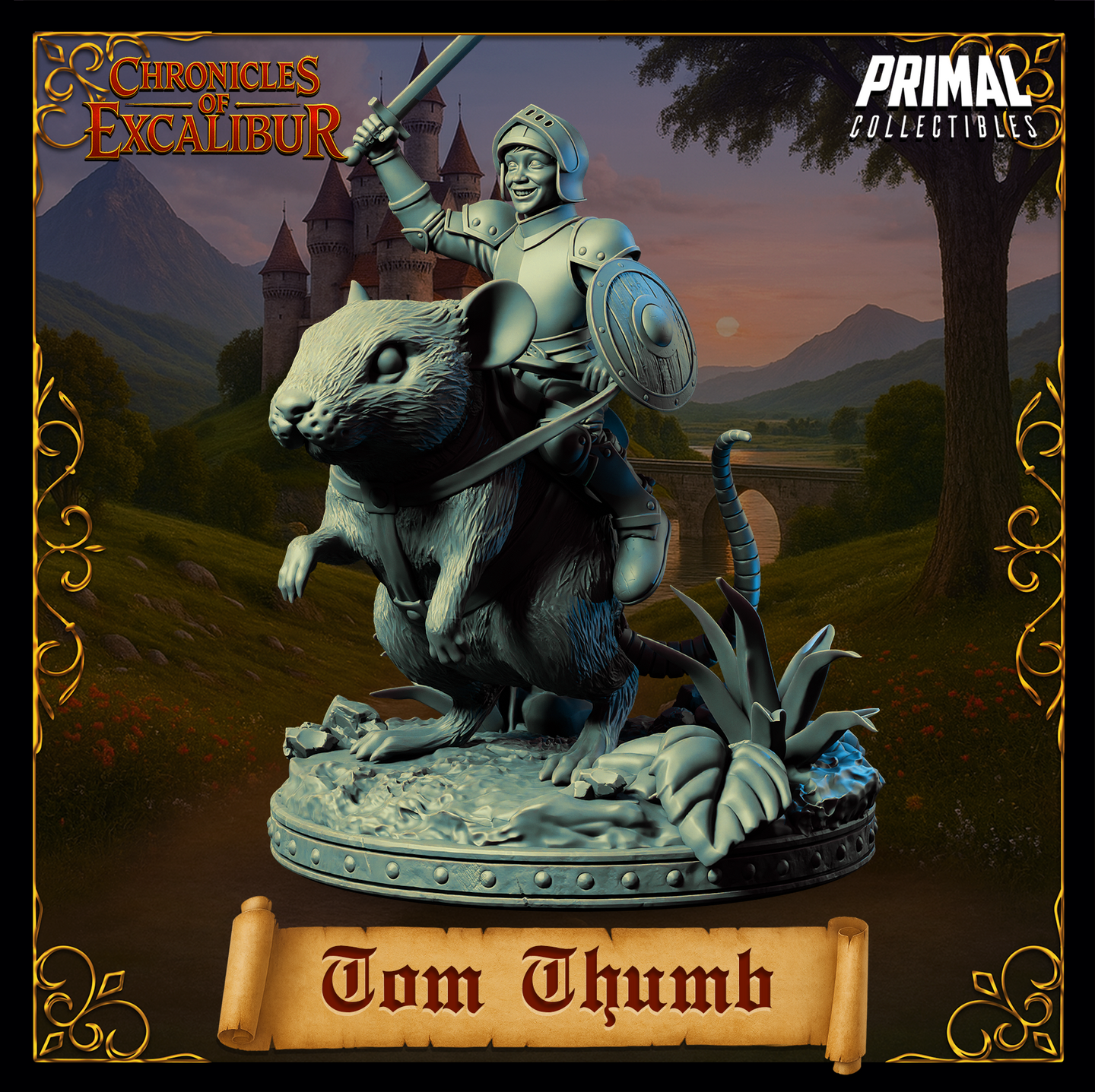 Digital render of Tom Thumb miniature — a grinning armoured knight in full plate with sword raised and round shield, mounted on a giant rat, on a rubble and grass scenic base. Chronicles of Excalibur by Primal Collectibles. View from the front-right.
