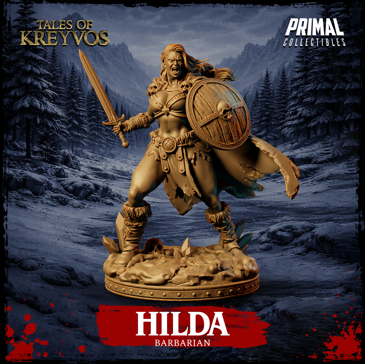 Hilda Barbarian 32mm miniature by Primal Collectibles — front-facing charging pose, sword raised, skull-bossed round wooden shield, fur-trimmed boots, tattered cloak, screaming expression, scenic base with skulls and rubble, golden resin render