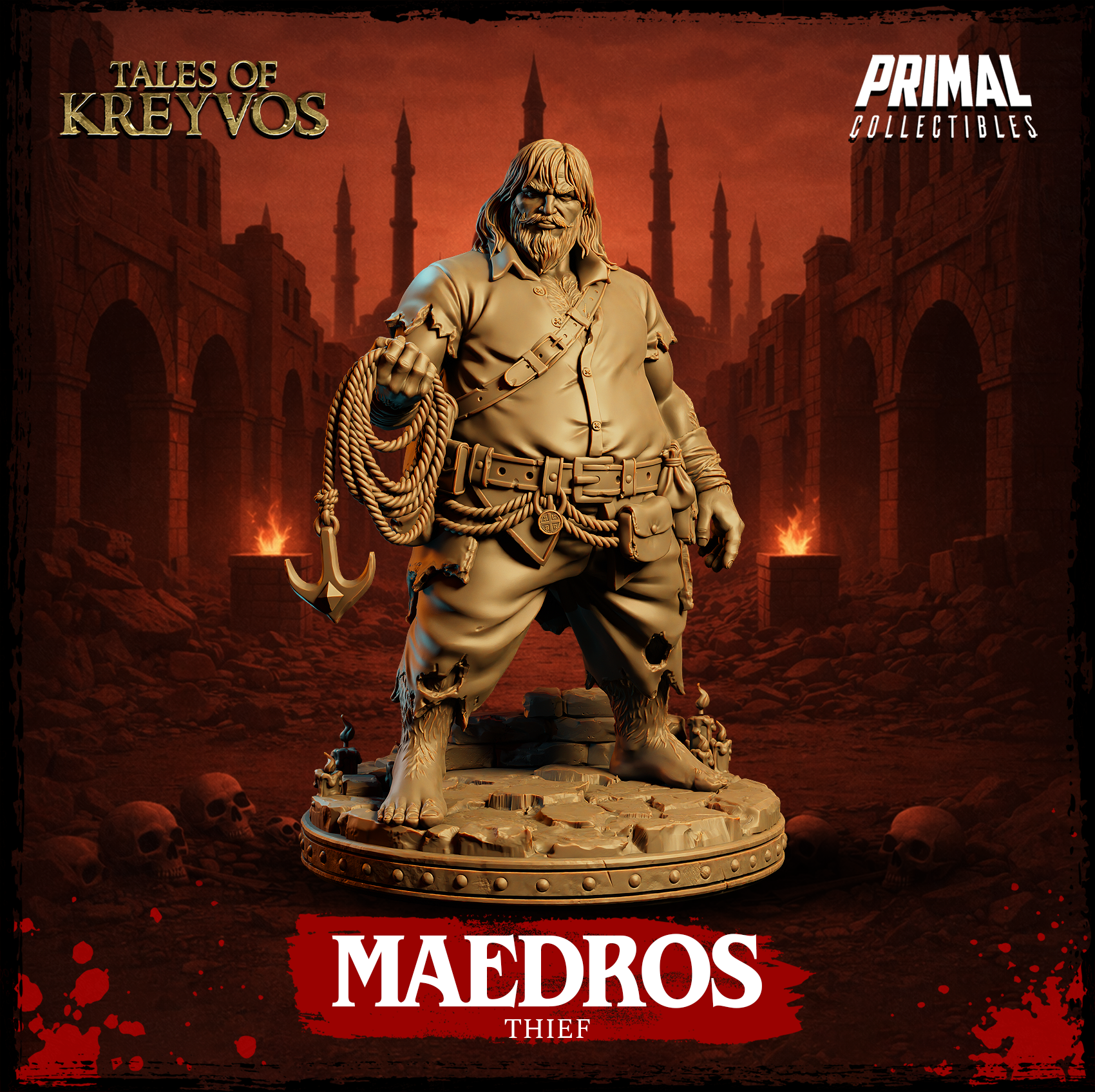 Maedros the Thief front view — heavyset bearded man in torn shirt and loaded belt, holding a coiled rope with a grappling hook, standing on a rubble-strewn scenic base. Sculpt by Primal Collectibles.