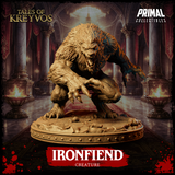 Ironfiend creature miniature lunging forward on a rubble-strewn scenic base, clawed hands outstretched, jaws wide open in a savage snarl, dense mane framing its broad feral face. Sculpt by Primal Collectibles.