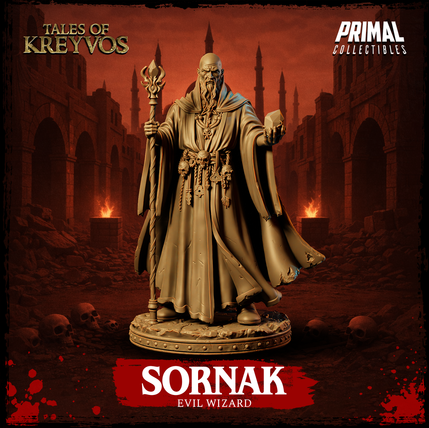 Bald, long-bearded evil wizard holding a forked staff in one hand and an arcane crystal shard in the other, wearing layered robes with a skull-and-key belt, standing on a skull-littered base. Sculpt by Primal Collectibles.
