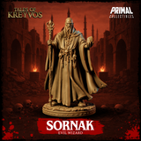 Bald, long-bearded evil wizard holding a forked staff in one hand and an arcane crystal shard in the other, wearing layered robes with a skull-and-key belt, standing on a skull-littered base. Sculpt by Primal Collectibles.