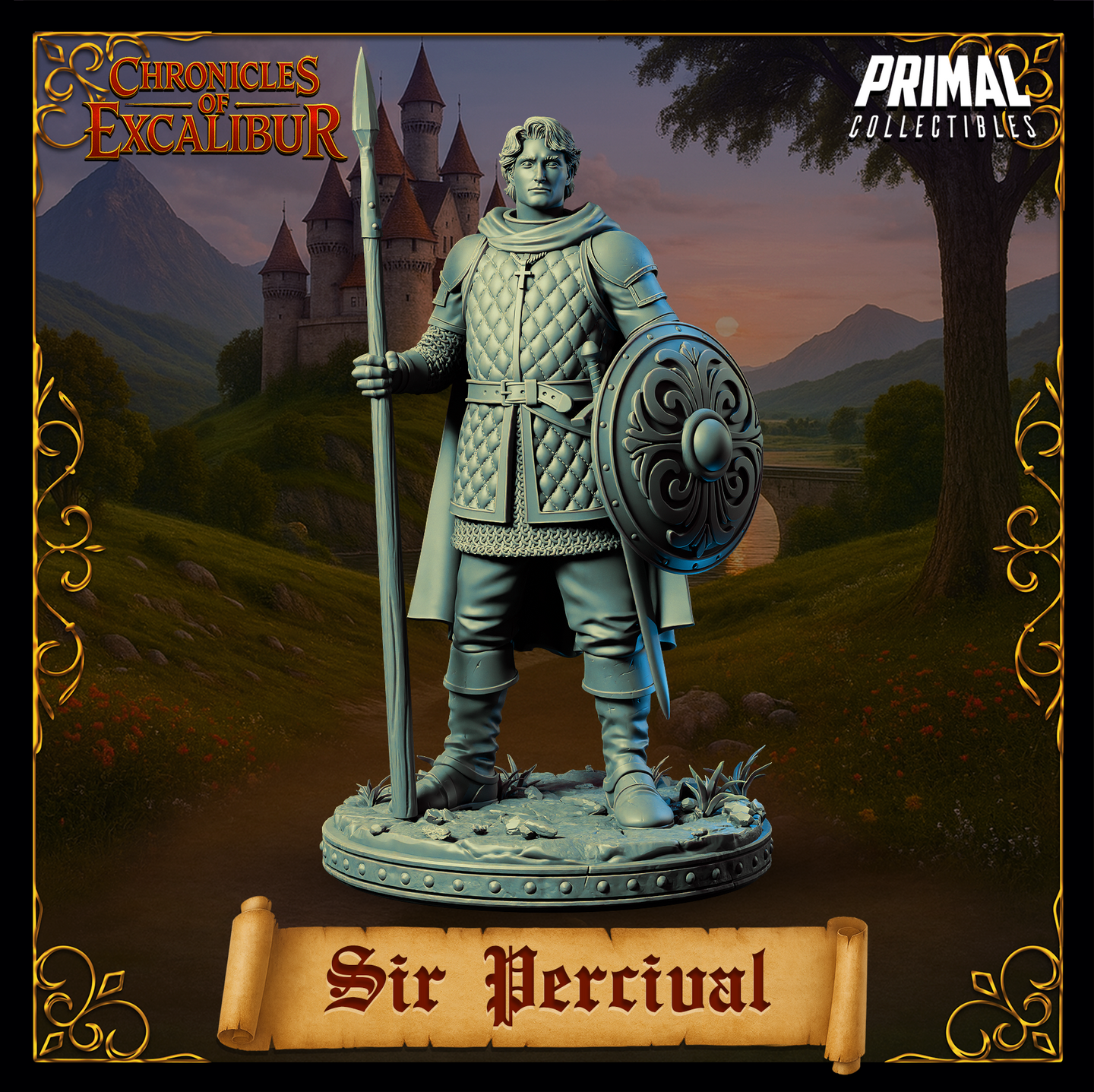 Unpainted grey resin digital render of Sir Percival miniature from Chronicles of Excalibur — a male human knight in quilted gambeson and chainmail, holding a tall spear in his right hand and an ornately scrollwork-carved round shield in his left, standing on a detailed scenic base with scattered stones and foliage, castle visible in the background