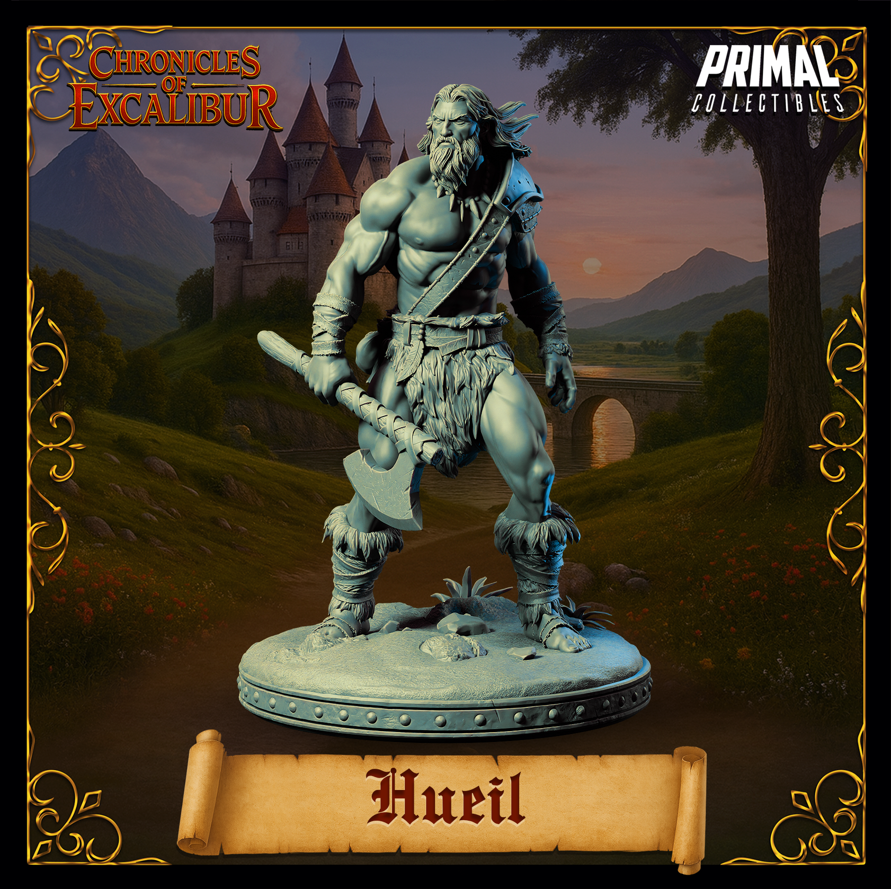 Digital render of Hueil — an unpainted grey resin barbarian miniature from Chronicles of Excalibur, shown in a three-quarter front pose holding a great axe low at his side. He wears no shirt, with fur-wrapped legs, bound forearms, and a sword slung across his back. Mounted on a detailed scenic round base.