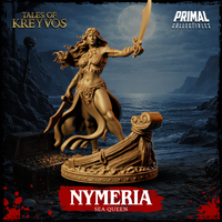 Nymeria Sea Queen miniature by Primal Collectibles — a long-haired woman in scale armour breastplate and layered gold jewellery, right arm extended holding a curved scimitar, left hand gripping a dagger low, standing on a broken ship's prow base with rope detail.