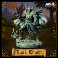 Black Knight 32mm resin miniature — front three-quarter view showing the knight in a forward-striding pose, longsword raised in the right hand, jagged spiked plate armour, horned great helm, and a billowing ragged cape. The scenic base features cracked stone and spectral root-like tendrils. Digital render, unpainted grey.