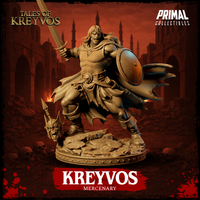 Broad-shouldered barbarian miniature roaring mid-charge, longsword thrust forward in right hand, round battered shield raised in left, skull-buckled belt, chainmail hauberk, tattered cloak billowing behind, scenic rubble base with scattered skulls. Sculpt by Primal Collectibles.