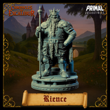 Digital render of King Rience miniature from Chronicles of Excalibur — a large armoured warlord king in grey resin, wearing a spiked crown and fur-lined cloak, holding a tall staff in one hand with his other hand on his hip, standing on a stone plinth base. Front-facing pose.