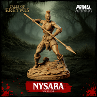 32mm resin miniature of Nysara, a fierce female tribal warrior with a mohawk, thrusting a long spear at low angle, wide fighting stance over a bone-scattered scenic base — Tales of Kreyvos by Primal Collectibles, unpainted gold render