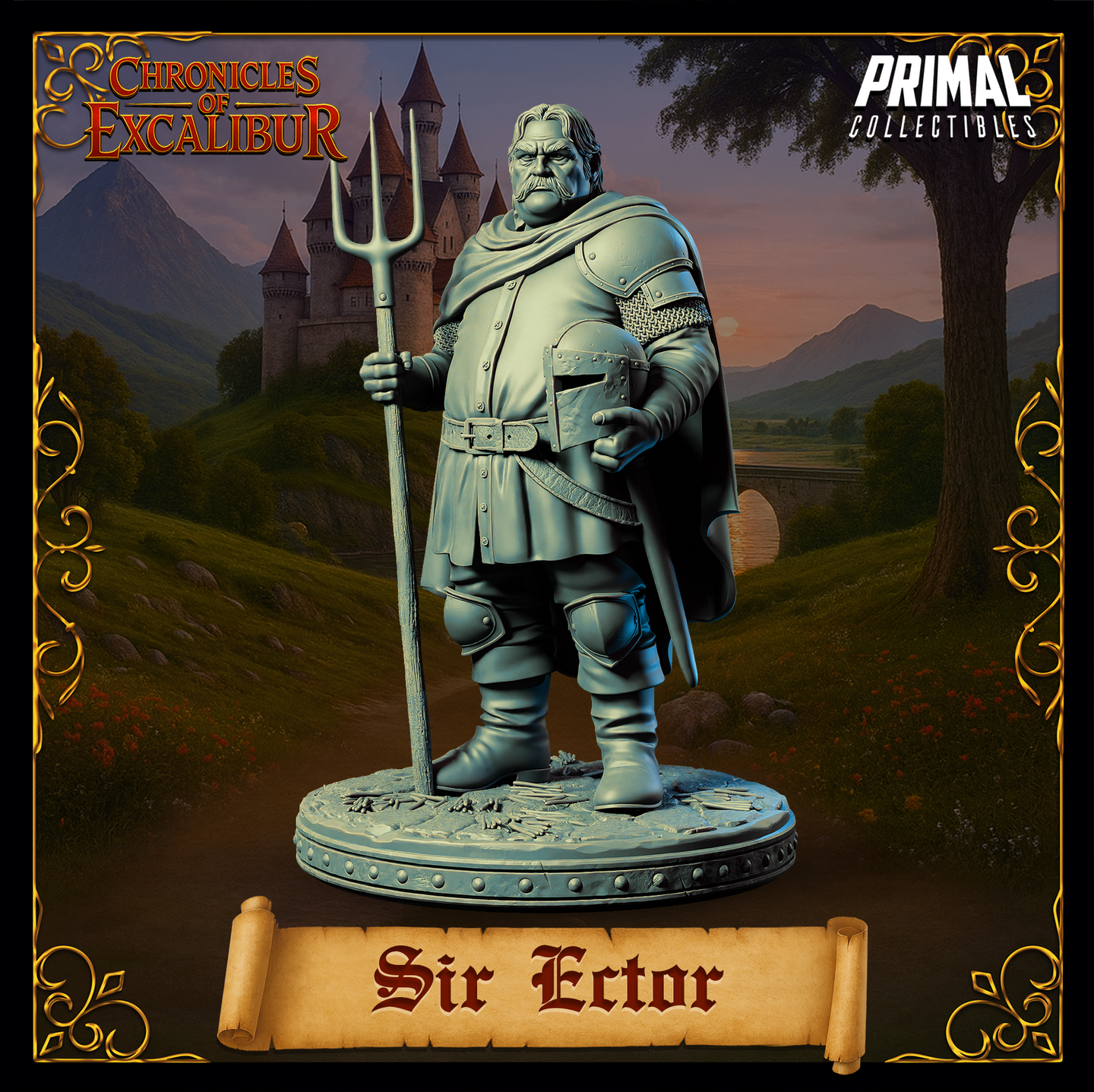 Sir Ector 32mm miniature — front view digital render showing a broad, heavily-built knight in partial plate armour and chainmail, a flowing cape over his shoulders, holding a tall trident in one hand and a full-faced helmet under the other arm, standing on a detailed scenic debris base. From the Chronicles of Excalibur range by Primal Collectibles.