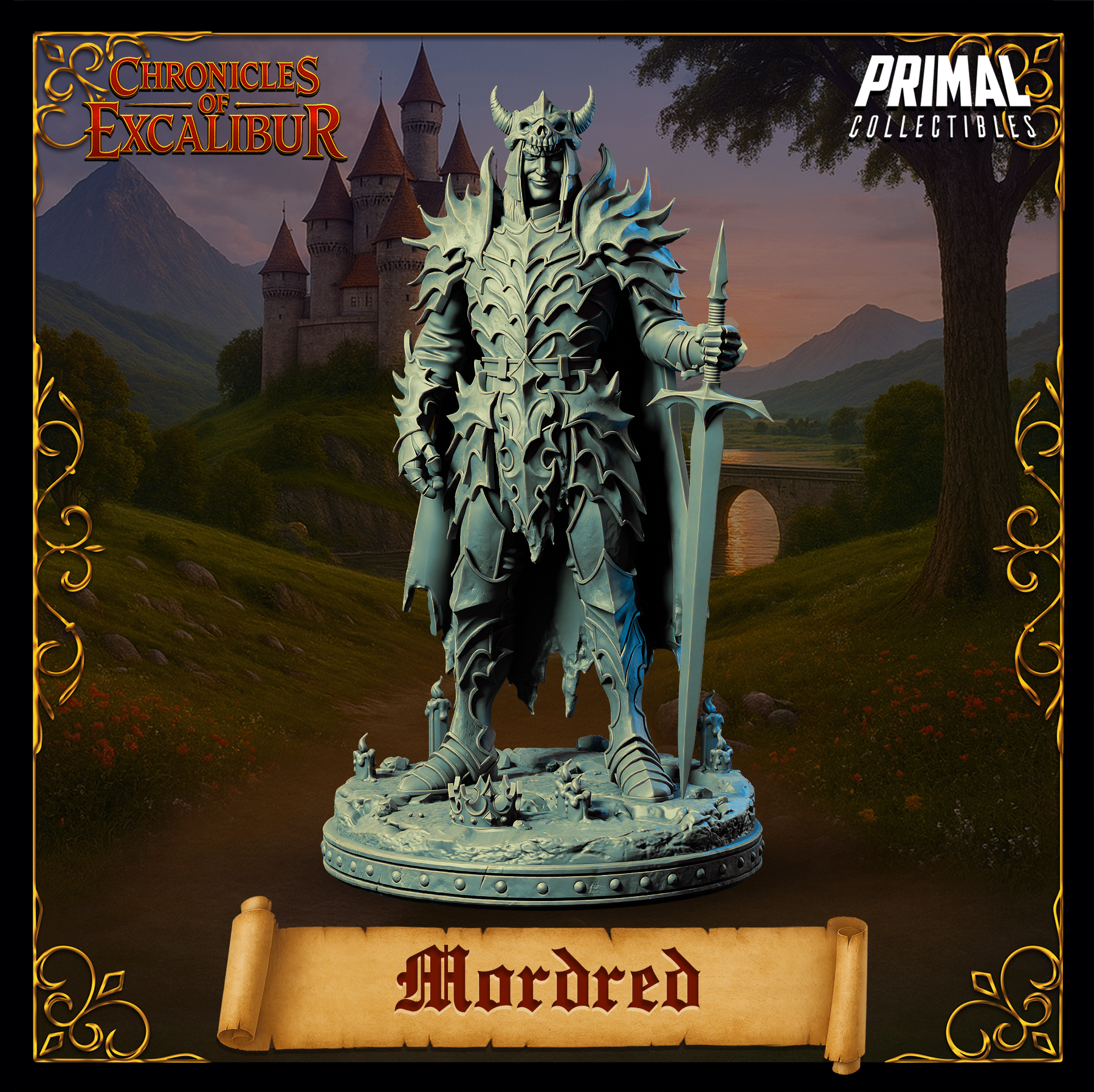 Front-facing digital render of the Mordred Evil Knight miniature from Chronicles of Excalibur — unpainted grey resin showing full-body dark armour with jagged serrated pauldrons, a horned skull-faced helmet, and a broadsword planted tip-down before him. Detailed scenic base with candles and scattered debris visible.