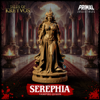 Full-body render of Serephia Vampire Queen by Primal Collectibles — long-haired female figure in horned crown, ornate jewellery, swirling chest armour, and flowing split skirt with cape, standing upright on a decorative round base.