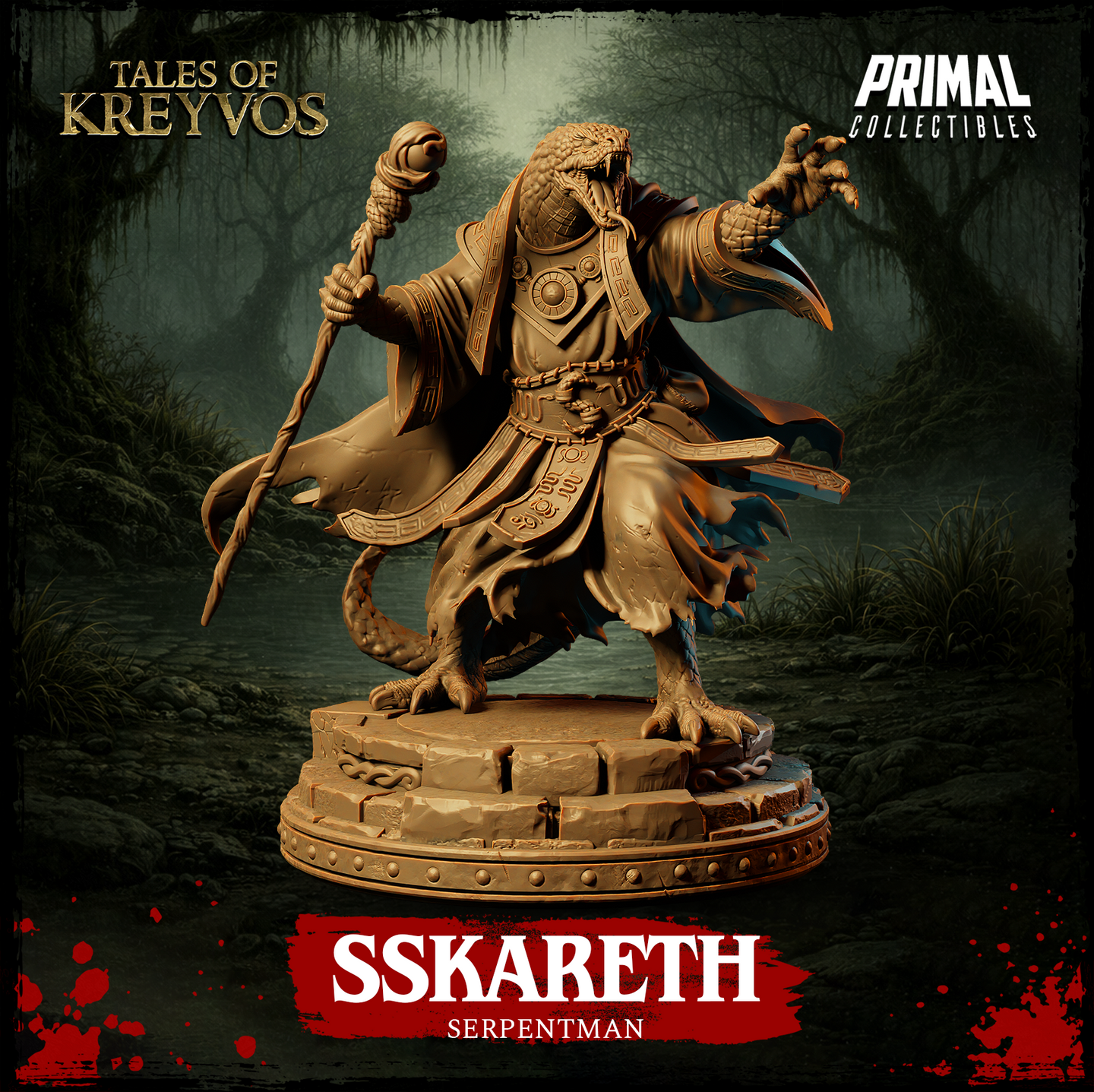 Front view of Sskareth the Serpentman 32mm resin miniature — an unpainted digital render showing a robed serpentfolk shaman gripping a gnarled knotwork staff in his left hand and extending a clawed right hand in an arcane gesture, with tattered glyph-engraved robes and a scaled reptilian head with open fanged jaw, mounted on a broken stone base with a swamp forest backdrop