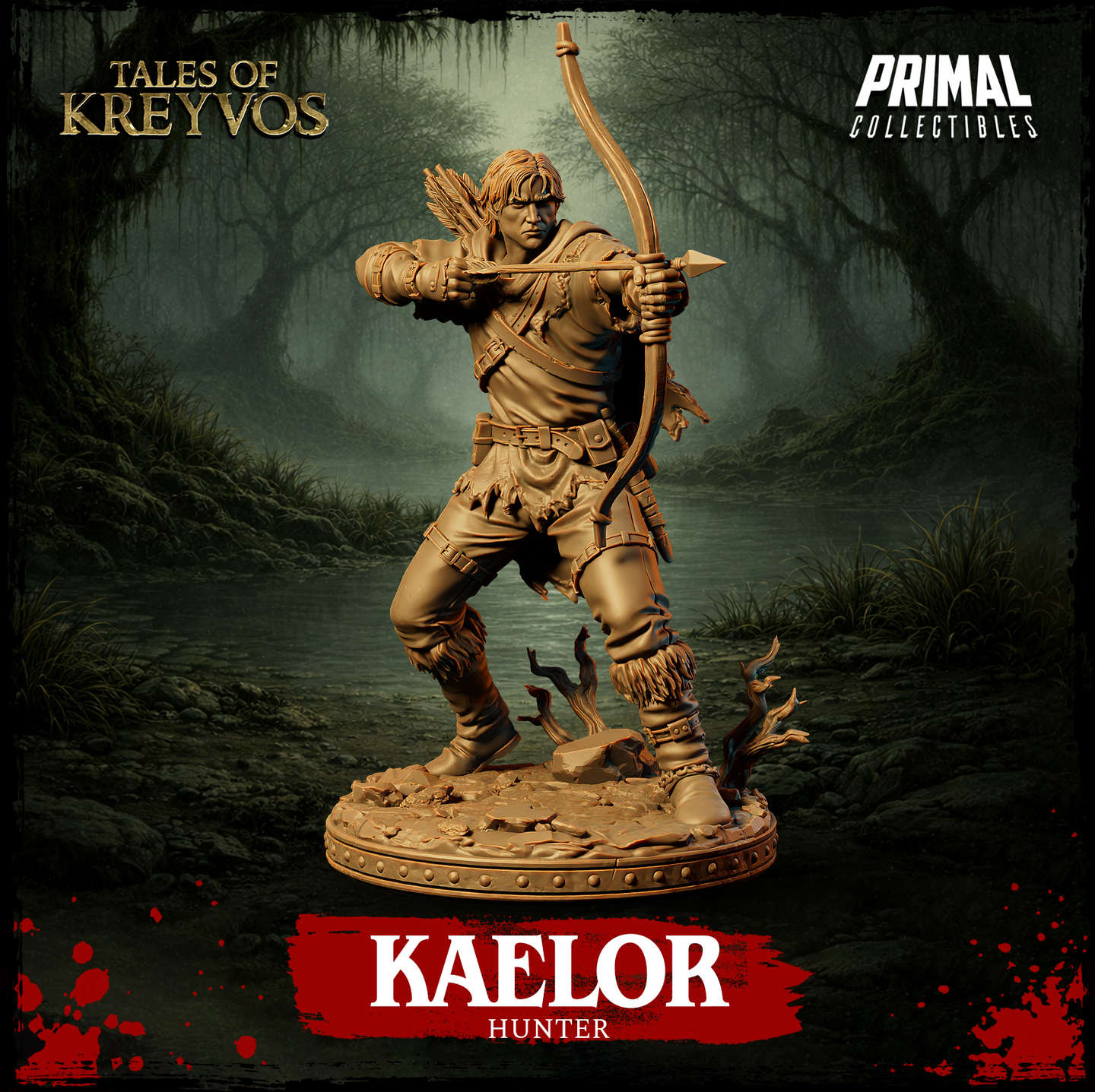 Front-facing digital render of Kaelor the Hunter at full draw — bow levelled, arrow nocked, wearing tattered leather armour with strapped bracers and a feathered quiver across his back, standing on a detailed swamp base with root tangles and broken stone. Unpainted warm tan resin. Tales of Kreyvos by Primal Collectibles.