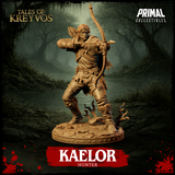 Front-facing digital render of Kaelor the Hunter at full draw — bow levelled, arrow nocked, wearing tattered leather armour with strapped bracers and a feathered quiver across his back, standing on a detailed swamp base with root tangles and broken stone. Unpainted warm tan resin. Tales of Kreyvos by Primal Collectibles.