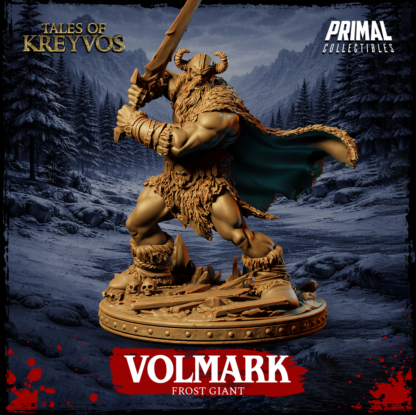 Digital render of Volmark the Frost Giant miniature by Primal Collectibles — a massive male giant in a forward-lunging pose, raising a large greatsword overhead with both hands, wearing a horned helm, layered fur pelts, and a billowing cloak, standing on a scenic base scattered with broken weapons, shields, and a skull, set against a snowy mountain backdrop