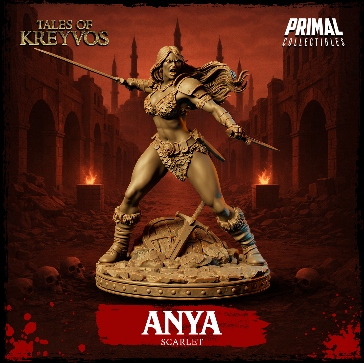 Anya Scarlet barbarian by Primal Collectibles: female warrior lunging forward, spear thrust in right hand, short sword in left, wearing scale-mail chest armour, skull belt buckle, fur boots, standing on rubble and broken shield base.