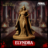 Queen Elyndra miniature standing upright, wearing flowing robes with a high slit, ornate pauldrons, a jewelled chest medallion, and a leaf-pattern belt. Long wavy hair crowned with a circlet. Primal Collectibles.