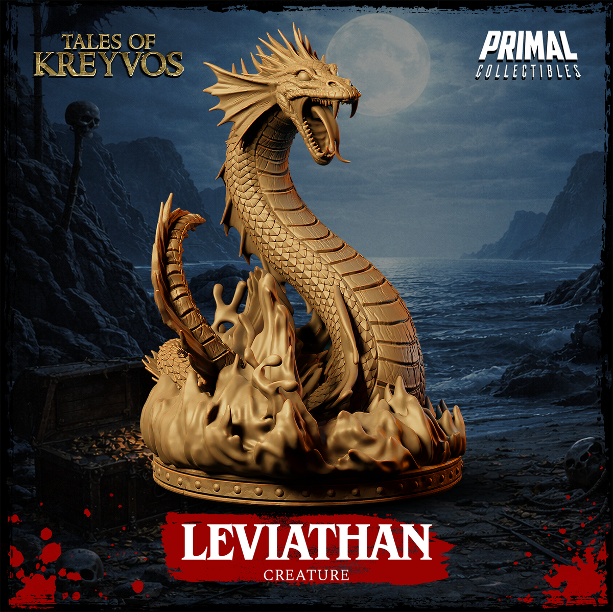 Leviathan sea serpent miniature rearing upward with jaws wide open, frilled dragon head fanned, coiled scaly body surging from a sculpted wave base. By Primal Collectibles.