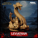 Leviathan sea serpent miniature rearing upward with jaws wide open, frilled dragon head fanned, coiled scaly body surging from a sculpted wave base. By Primal Collectibles.