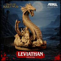 Leviathan sea serpent miniature rearing upward with jaws wide open, frilled dragon head fanned, coiled scaly body surging from a sculpted wave base. By Primal Collectibles.