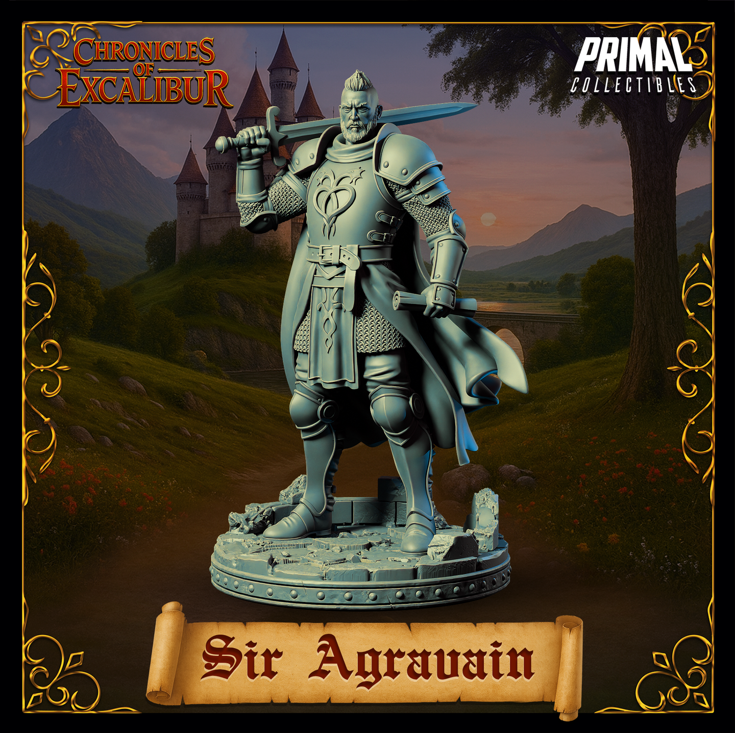 Sir Agravain 32mm resin miniature — unpainted grey render, front-facing pose with longsword rested back over right shoulder, heart-knot crest on breastplate, long cloak, plate and chainmail armour, rubble-strewn stone base. Chronicles of Excalibur by Primal Collectibles.
