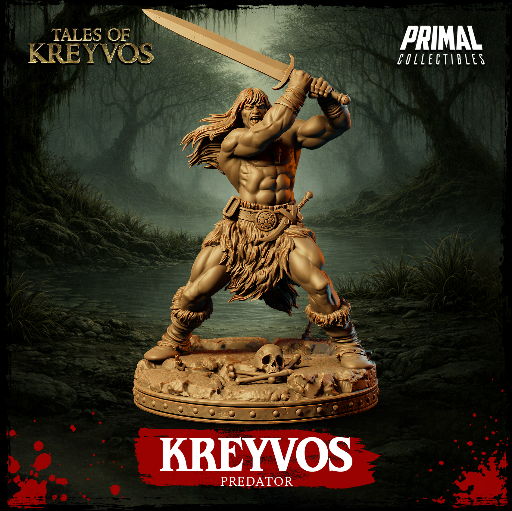 Kreyvos Predator 32mm resin miniature — digital render showing a long-haired male barbarian in a wide combat stance, roaring with a longsword raised overhead in both hands, wearing a fur kilt and leather belt with engraved buckle, standing on a skull-and-bone-strewn round base. Tales of Kreyvos by Primal Collectibles.