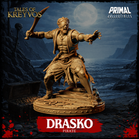 Muscular pirate miniature in a wide combat stance, raising a curved cutlass overhead, bare-chested with a rope belt and skull buckle, eye patch, and open-mouthed snarl. Base scattered with coils of rope and skulls. Sculpt by Primal Collectibles.