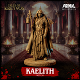 Full-length view of Kaelith the Witch: a weathered female figure in ragged robes holding a gnarled staff with a rope-hung lantern, wearing layered bead necklaces and a fleur-de-lis medallion. Sculpt by Primal Collectibles.