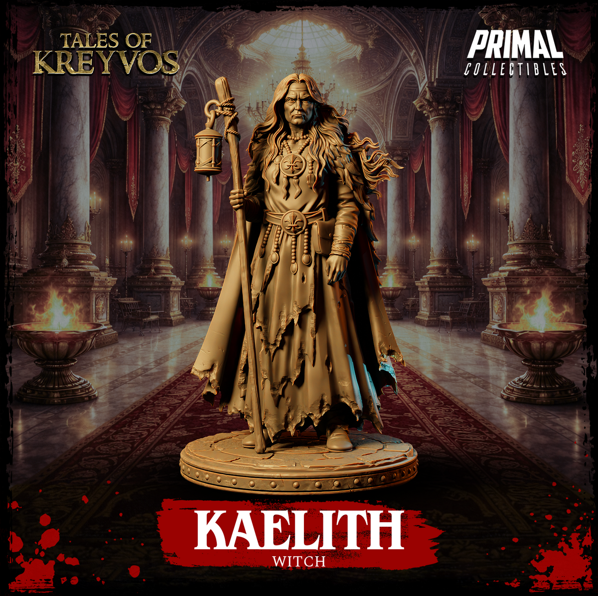 Full-length view of Kaelith the Witch: a weathered female figure in ragged robes holding a gnarled staff with a rope-hung lantern, wearing layered bead necklaces and a fleur-de-lis medallion. Sculpt by Primal Collectibles.