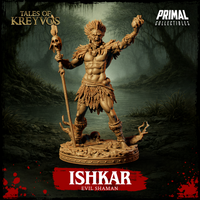Ishkar Evil Shaman 32mm resin miniature render — arms raised wide, skull-topped staff in left hand, feather and bone adornments, leaf skirt, bone-strewn swamp base, Tales of Kreyvos by Primal Collectibles