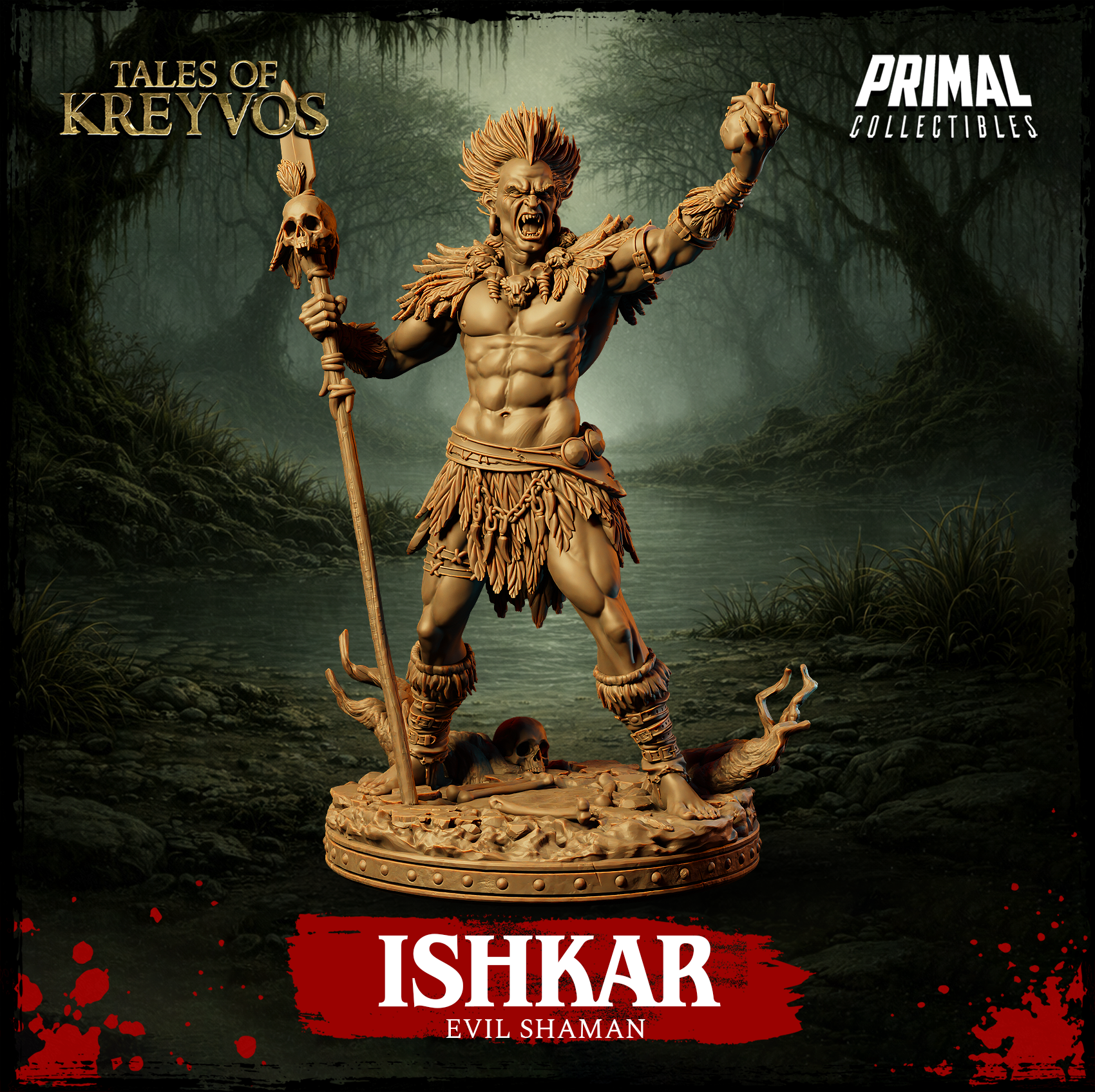 Ishkar Evil Shaman 32mm resin miniature render — arms raised wide, skull-topped staff in left hand, feather and bone adornments, leaf skirt, bone-strewn swamp base, Tales of Kreyvos by Primal Collectibles