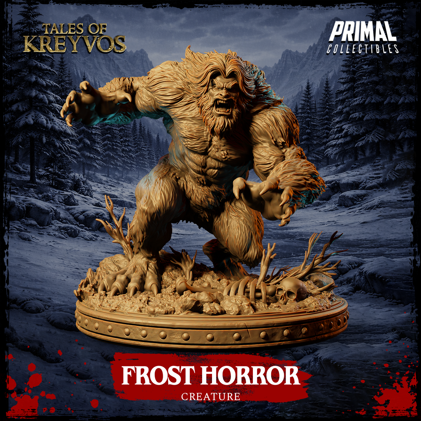 Front-facing digital render of the Frost Horror miniature by Primal Collectibles — a massive shaggy ape-like creature lunging forward with both clawed hands outstretched, snarling expression, wild mane of hair, on a scenic base of frozen ground scattered with bones and a skull, snowy mountain forest background