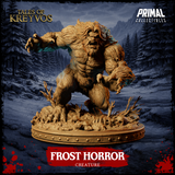 Front-facing digital render of the Frost Horror miniature by Primal Collectibles — a massive shaggy ape-like creature lunging forward with both clawed hands outstretched, snarling expression, wild mane of hair, on a scenic base of frozen ground scattered with bones and a skull, snowy mountain forest background