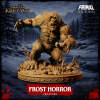 Front-facing digital render of the Frost Horror miniature by Primal Collectibles — a massive shaggy ape-like creature lunging forward with both clawed hands outstretched, snarling expression, wild mane of hair, on a scenic base of frozen ground scattered with bones and a skull, snowy mountain forest background