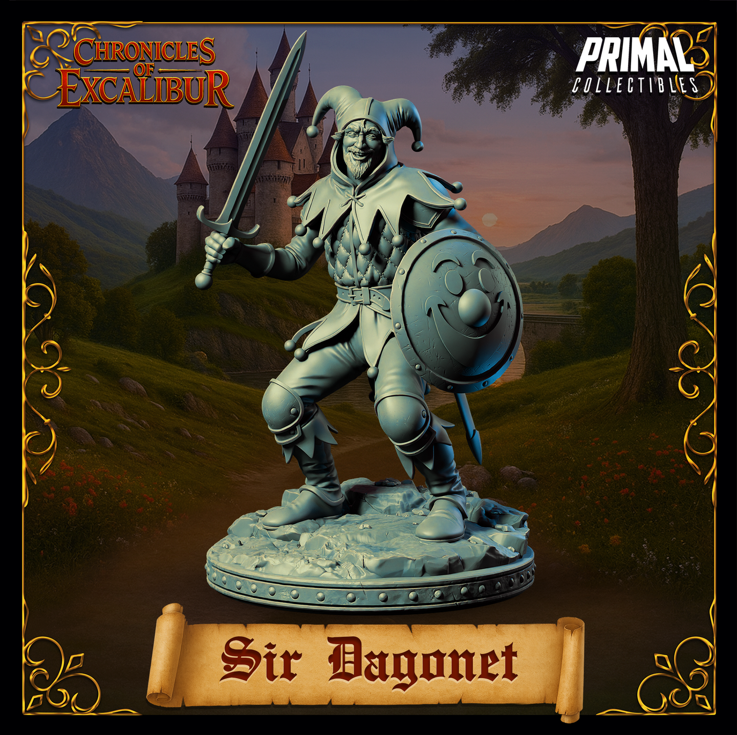 Sir Dagonet 32mm resin miniature — dynamic lunging pose, sword raised overhead, jester's shield held low, jester hood with bells, diamond-quilted tunic and knee armour, rocky rubble base, grey unprinted resin render, Chronicles of Excalibur by Primal Collectibles