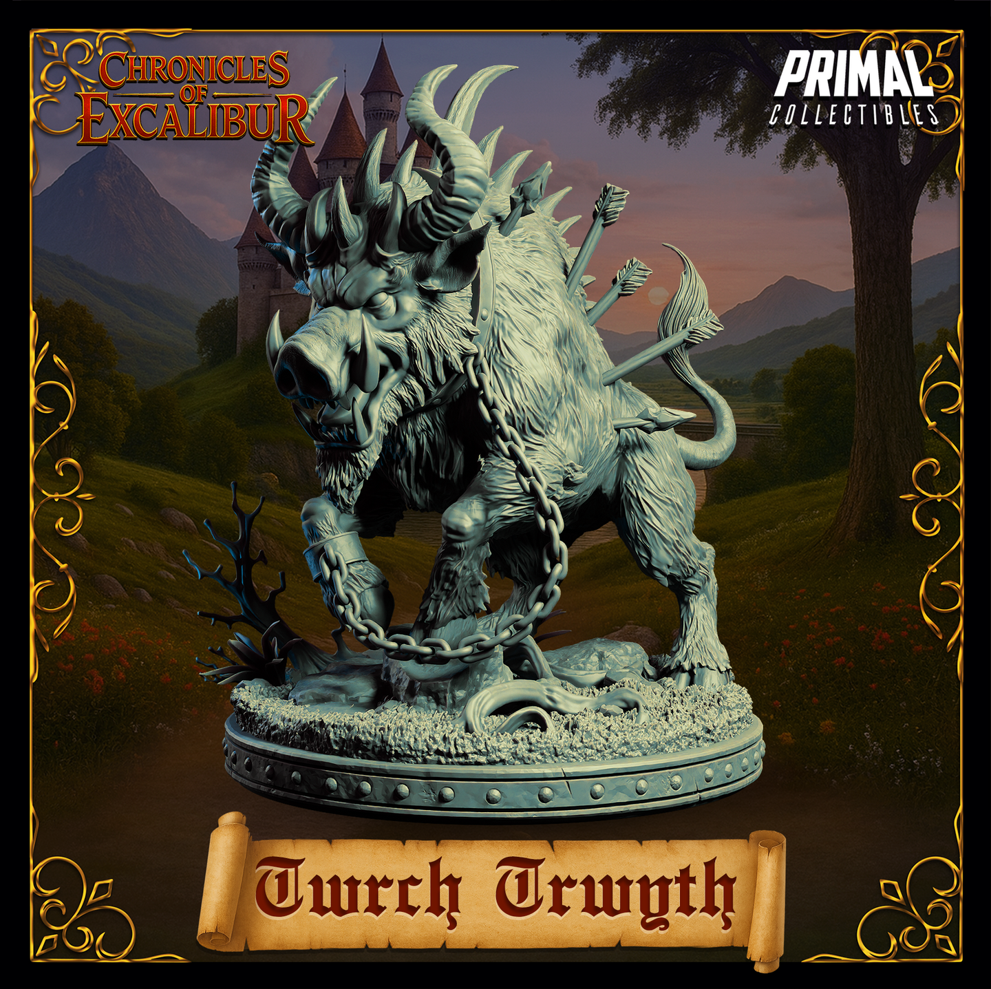 Digital render of the Twrch Trwyth miniature from Primal Collectibles' Chronicles of Excalibur range — a massive demon-horned boar beast with shaggy fur, broken chains around one leg, multiple arrows embedded in its flank, and curved ram-like horns, shown from a three-quarter front-left angle on a scenic base of churned earth and broken branches