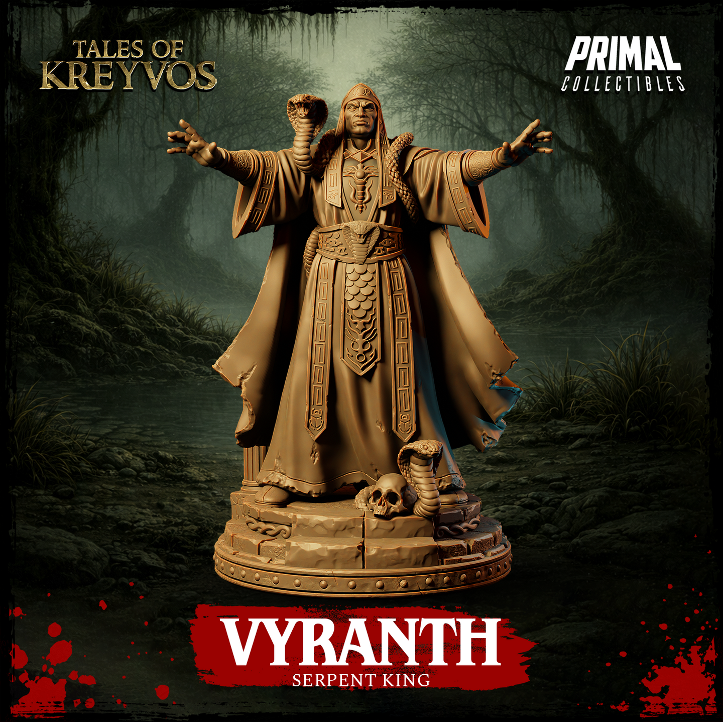 Vyranth the Serpent King 32mm resin miniature render — front view showing robed sorcerer-king with arms outstretched, a rearing cobra coiled around his forearm, scale-embossed robes with geometric knotwork borders, cobra-head belt buckle, and a detailed base featuring a coiled serpent and skull