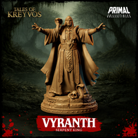 Vyranth the Serpent King 32mm resin miniature render — front view showing robed sorcerer-king with arms outstretched, a rearing cobra coiled around his forearm, scale-embossed robes with geometric knotwork borders, cobra-head belt buckle, and a detailed base featuring a coiled serpent and skull