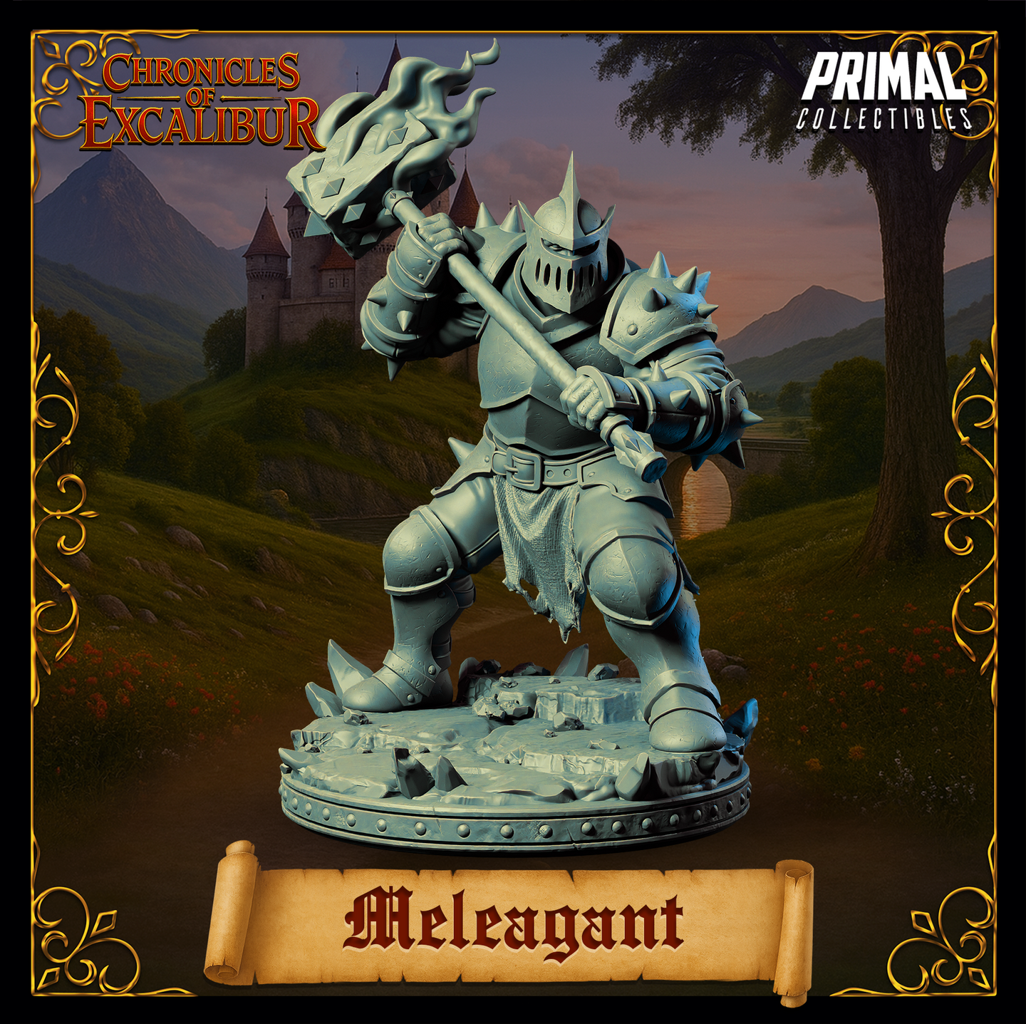Meleagant 3D printed resin miniature — digital render showing a hulking spiked-armour knight wielding a two-handed flaming maul, visor closed, in a wide aggressive stance on a rubble-strewn base, from the Chronicles of Excalibur range by Primal Collectibles