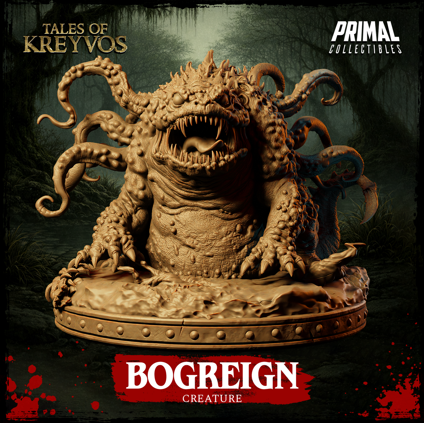 Front-facing digital render of the Bogreign miniature — a warty, tentacled swamp creature with a wide-open roaring maw, rows of jagged teeth, and a crown of writhing tentacles, mounted on a sculpted muddy swamp base. Tan resin colourway. From the Tales of Kreyvos range by Primal Collectibles.
