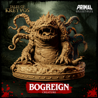 Front-facing digital render of the Bogreign miniature — a warty, tentacled swamp creature with a wide-open roaring maw, rows of jagged teeth, and a crown of writhing tentacles, mounted on a sculpted muddy swamp base. Tan resin colourway. From the Tales of Kreyvos range by Primal Collectibles.