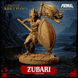 Ferocious broad-featured warrior roaring, thrusting a long spear, bearing a massive oval rope-rimmed shield, wearing a feathered headdress and bead necklace, jolly roger banner raised behind him on a ship-deck base. Sculpt by Primal Collectibles.